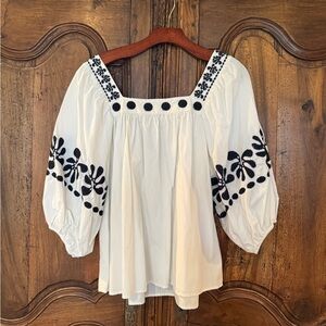 Corey Lynn Carter Winnie Top in Ecru Embroidered in Black Women's Top Size L